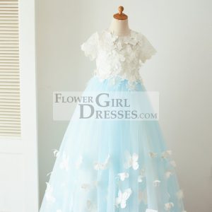 Ivory Lace Blue Tulle Short Sleeves Wedding Flower Girl Dress, Butterfly