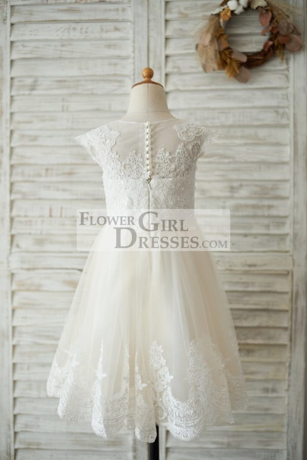 Ivory Lace Champagne Tulle Cap Sleeves Wedding Flower Girl Dress, Beading - Image 2