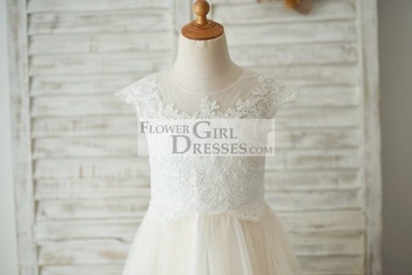 Ivory Lace Champagne Tulle Cap Sleeves Wedding Flower Girl Dress, Beading - Image 3