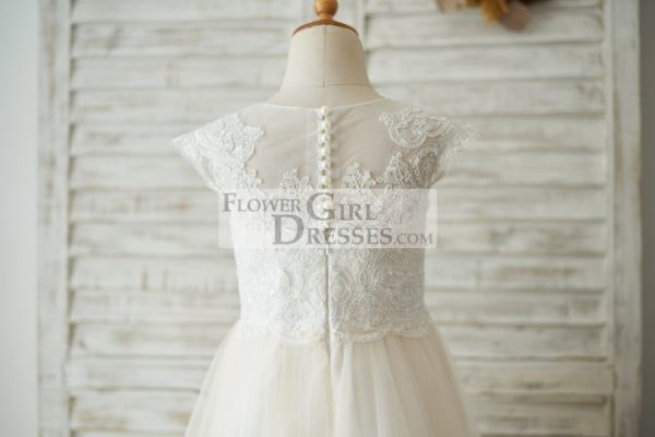 Ivory Lace Champagne Tulle Cap Sleeves Wedding Flower Girl Dress, Beading - Image 4