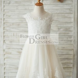 Ivory Lace Champagne Tulle Cap Sleeves Wedding Flower Girl Dress, Beading