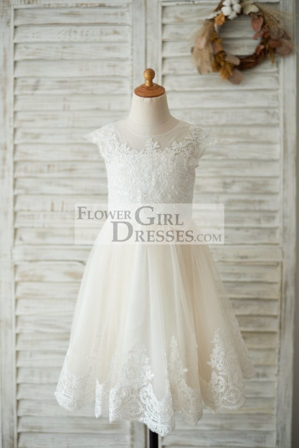 Ivory Lace Champagne Tulle Cap Sleeves Wedding Flower Girl Dress, Beading