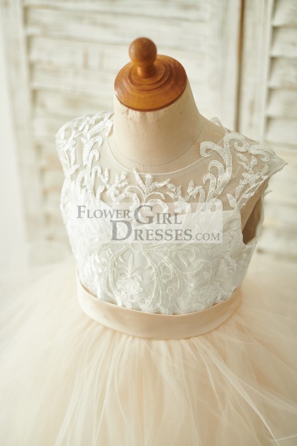 Ivory Lace Champagne Tulle Floor Length Wedding Flower Girl Dress - Image 3