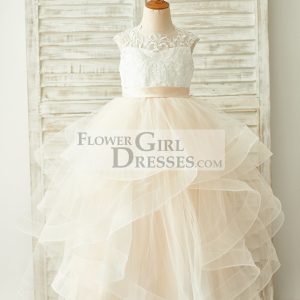 Ivory Lace Champagne Tulle Floor Length Wedding Flower Girl Dress