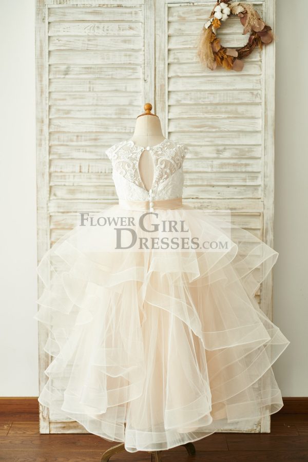 Ivory Lace Champagne Tulle Floor Length Wedding Flower Girl Dress - Image 2