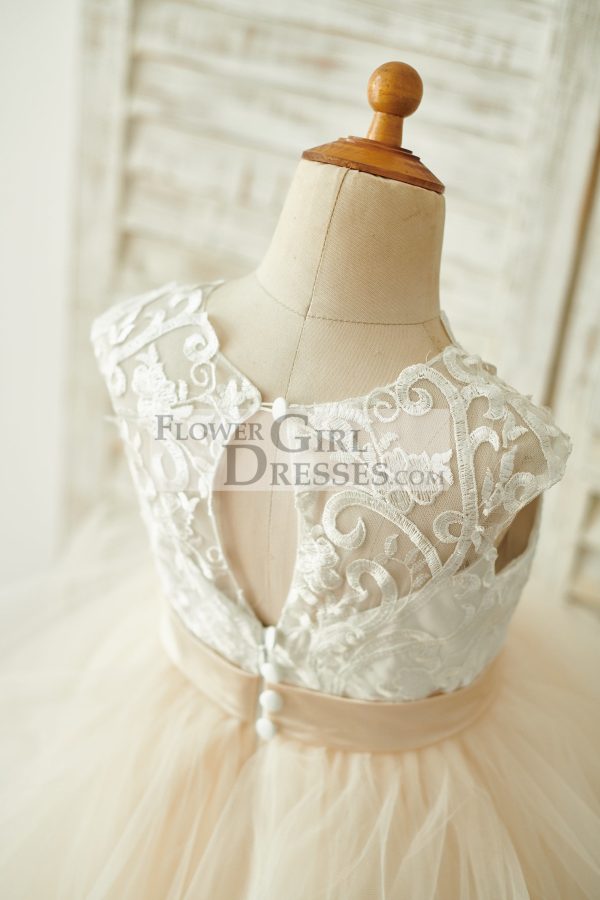 Ivory Lace Champagne Tulle Floor Length Wedding Flower Girl Dress - Image 4