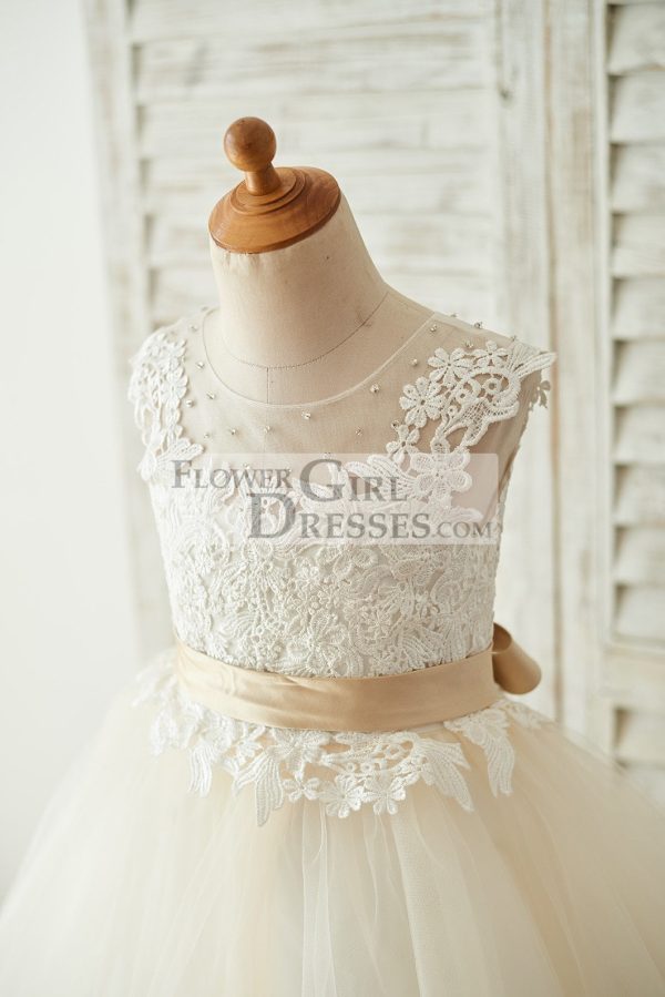 Ivory Lace Champagne Tulle Keyhole Back Wedding Party Flower Girl Dress - Image 3