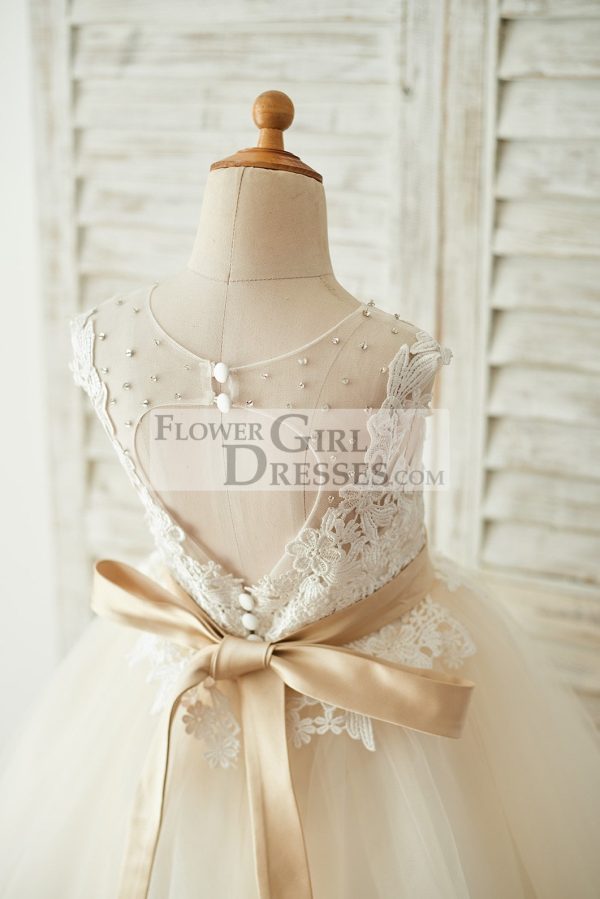 Ivory Lace Champagne Tulle Keyhole Back Wedding Party Flower Girl Dress - Image 4