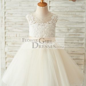 Ivory Lace Champagne Tulle Keyhole Back Wedding Party Flower Girl Dress