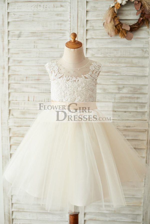 Ivory Lace Champagne Tulle Keyhole Back Wedding Party Flower Girl Dress