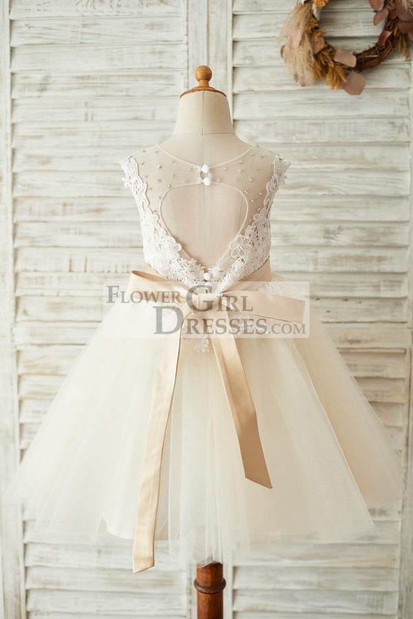 Ivory Lace Champagne Tulle Keyhole Back Wedding Party Flower Girl Dress - Image 2