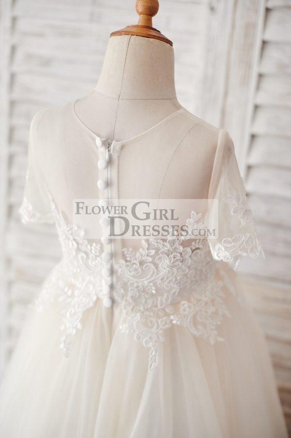Ivory Lace Champagne Tulle Short Sleeves Wedding Flower Girl Dress - Image 4