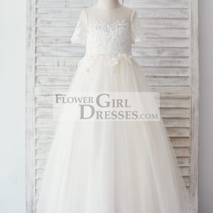 Ivory Lace Champagne Tulle Short Sleeves Wedding Flower Girl Dress