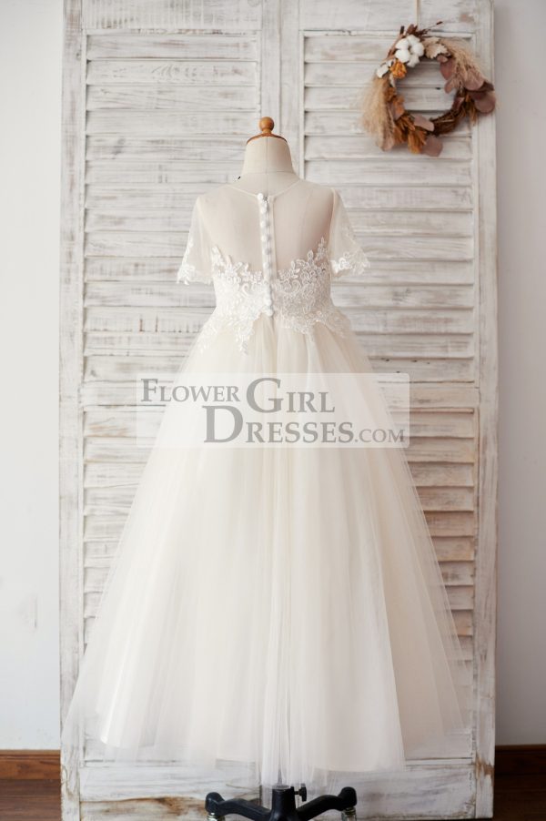 Ivory Lace Champagne Tulle Short Sleeves Wedding Flower Girl Dress - Image 2