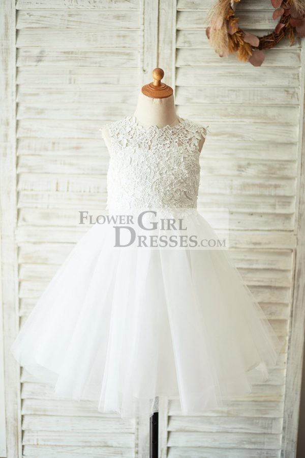 Ivory Lace Champagne Tulle Keyhole Back Wedding Flower Girl Dress - Image 5