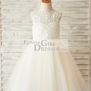 Ivory Lace Champagne Tulle Keyhole Back Wedding Flower Girl Dress