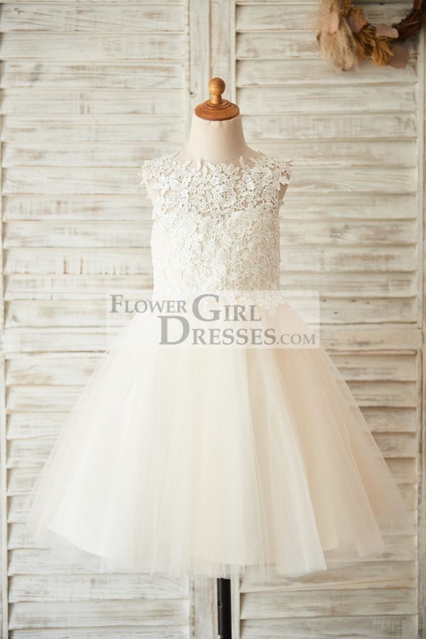 Ivory Lace Champagne Tulle Keyhole Back Wedding Flower Girl Dress