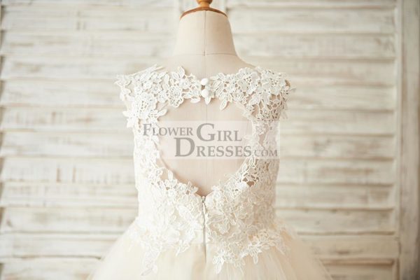 Ivory Lace Champagne Tulle Keyhole Back Wedding Flower Girl Dress - Image 4