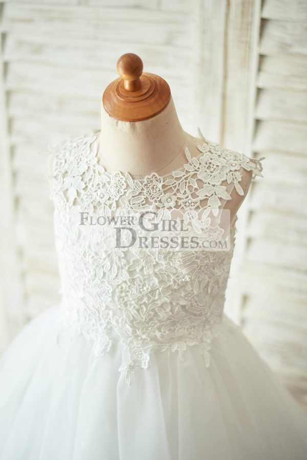 Ivory Lace Champagne Tulle Keyhole Back Wedding Flower Girl Dress - Image 9