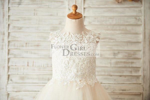 Ivory Lace Champagne Tulle Keyhole Back Wedding Flower Girl Dress - Image 3