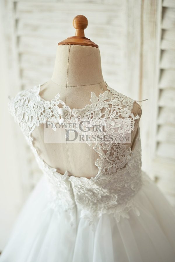 Ivory Lace Champagne Tulle Keyhole Back Wedding Flower Girl Dress - Image 10