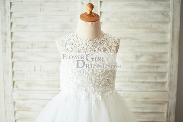 Ivory Lace Champagne Tulle Keyhole Back Wedding Flower Girl Dress - Image 7