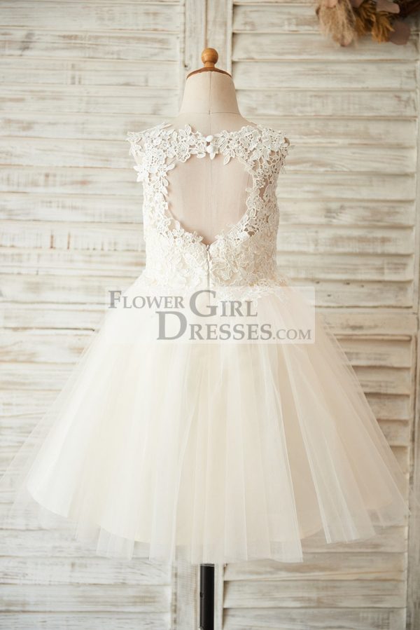 Ivory Lace Champagne Tulle Keyhole Back Wedding Flower Girl Dress - Image 2