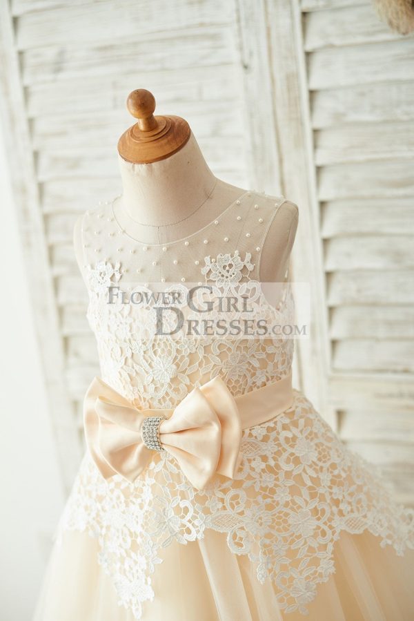 Ivory Lace Champagne Tulle Wedding Party Flower Girl Dress, Pearls - Image 3