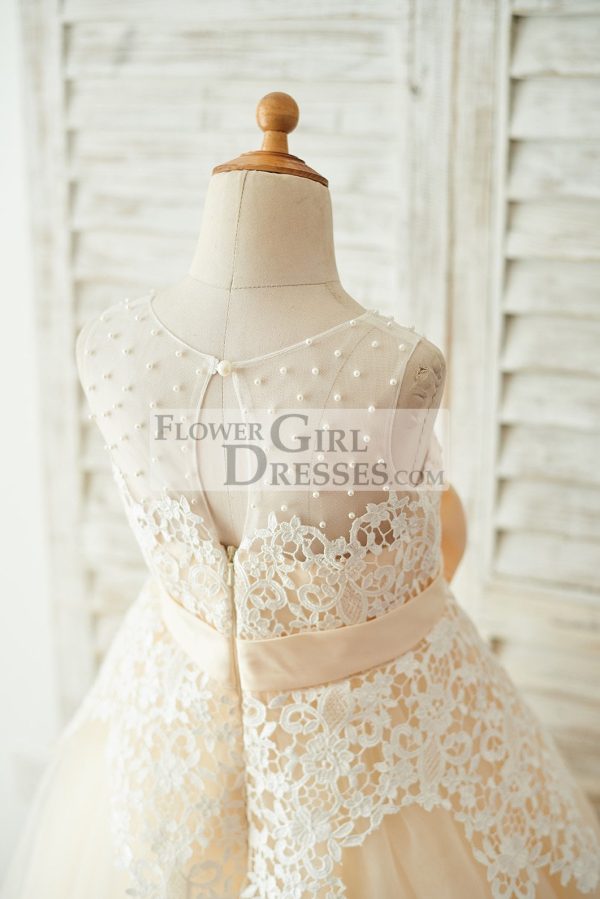 Ivory Lace Champagne Tulle Wedding Party Flower Girl Dress, Pearls - Image 4