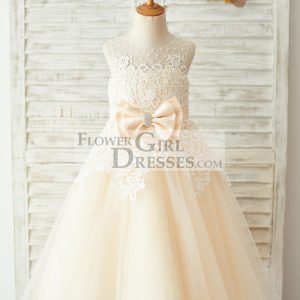 Ivory Lace Champagne Tulle Wedding Party Flower Girl Dress, Pearls