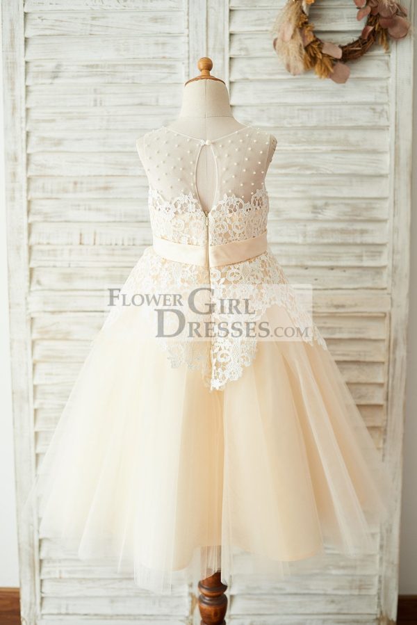 Ivory Lace Champagne Tulle Wedding Party Flower Girl Dress, Pearls - Image 2