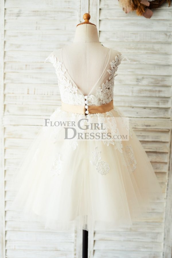 Ivory Lace Champagne Tulle V Back Wedding Party Flower Girl Dress - Image 2