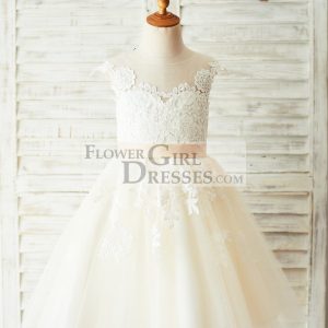 Ivory Lace Champagne Tulle V Back Wedding Party Flower Girl Dress