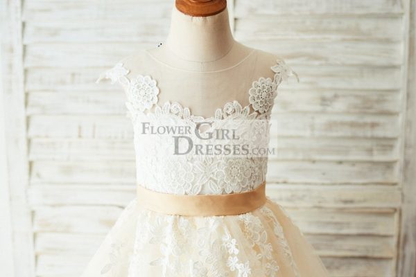 Ivory Lace Champagne Tulle V Back Wedding Party Flower Girl Dress - Image 3
