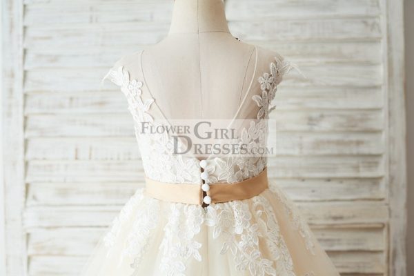 Ivory Lace Champagne Tulle V Back Wedding Party Flower Girl Dress - Image 4