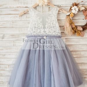 Ivory Lace Gray Tulle Sheer Back Wedding Flower Girl Dress, Belt