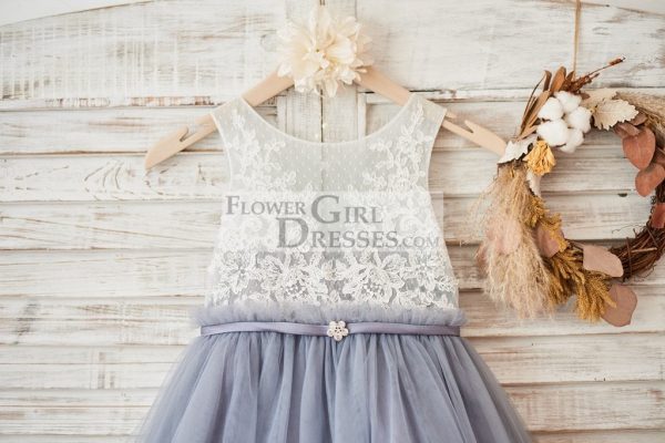 Ivory Lace Gray Tulle Sheer Back Wedding Flower Girl Dress, Belt - Image 3