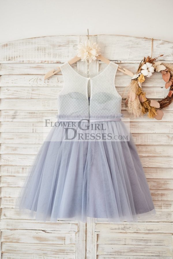 Ivory Lace Gray Tulle Sheer Back Wedding Flower Girl Dress, Belt - Image 2