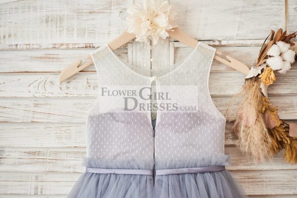Ivory Lace Gray Tulle Sheer Back Wedding Flower Girl Dress, Belt - Image 4
