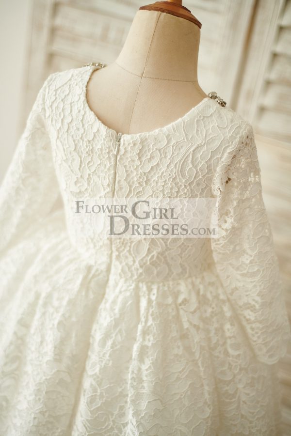 Ivory Lace Long Sleeves Wedding Flower Girl Dress, Beading Neck - Image 4