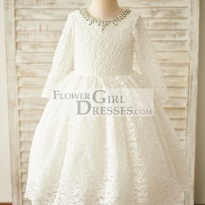 Ivory Lace Long Sleeves Wedding Flower Girl Dress, Beading Neck
