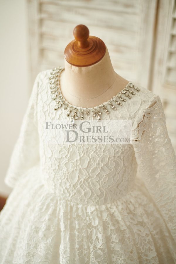 Ivory Lace Long Sleeves Wedding Flower Girl Dress, Beading Neck - Image 3