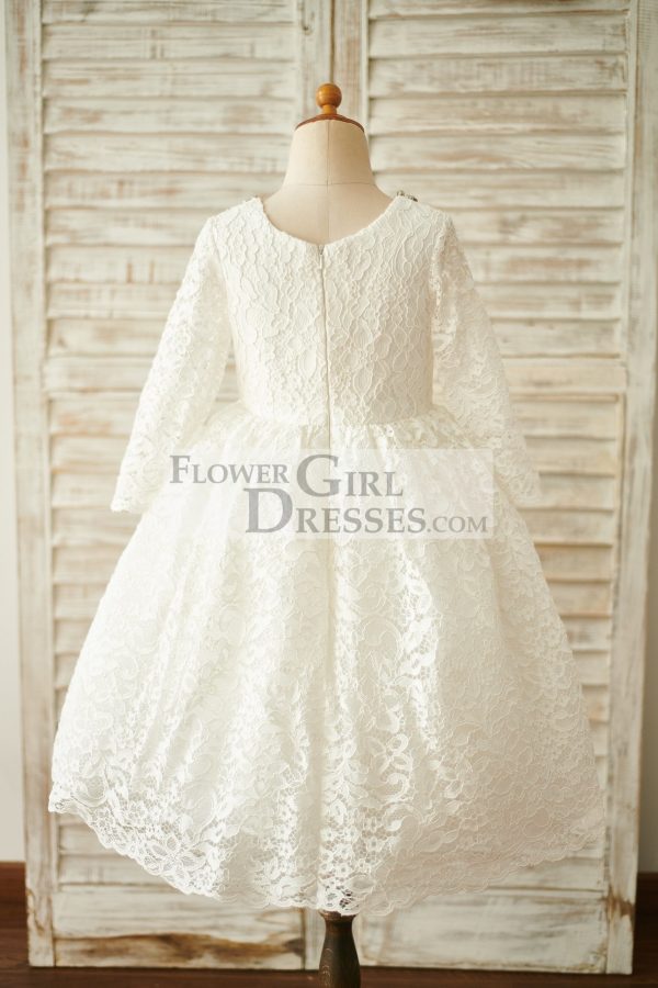 Ivory Lace Long Sleeves Wedding Flower Girl Dress, Beading Neck - Image 2