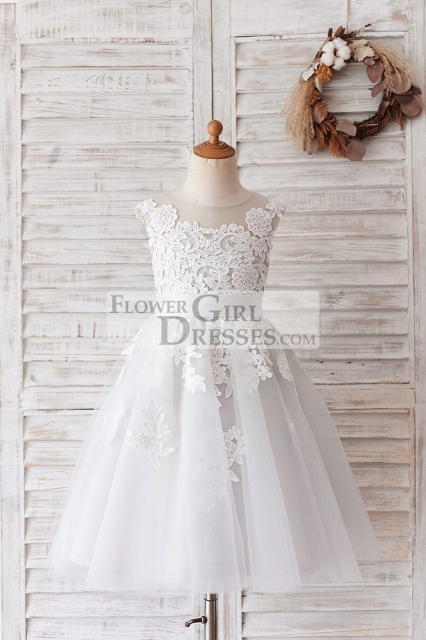 Ivory Lace Mauve/Silver Gray Tulle Wedding Flower Girl Dress - Image 5