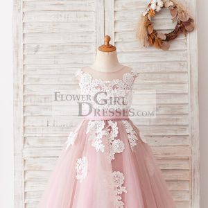 Ivory Lace Mauve/Silver Gray Tulle Wedding Flower Girl Dress