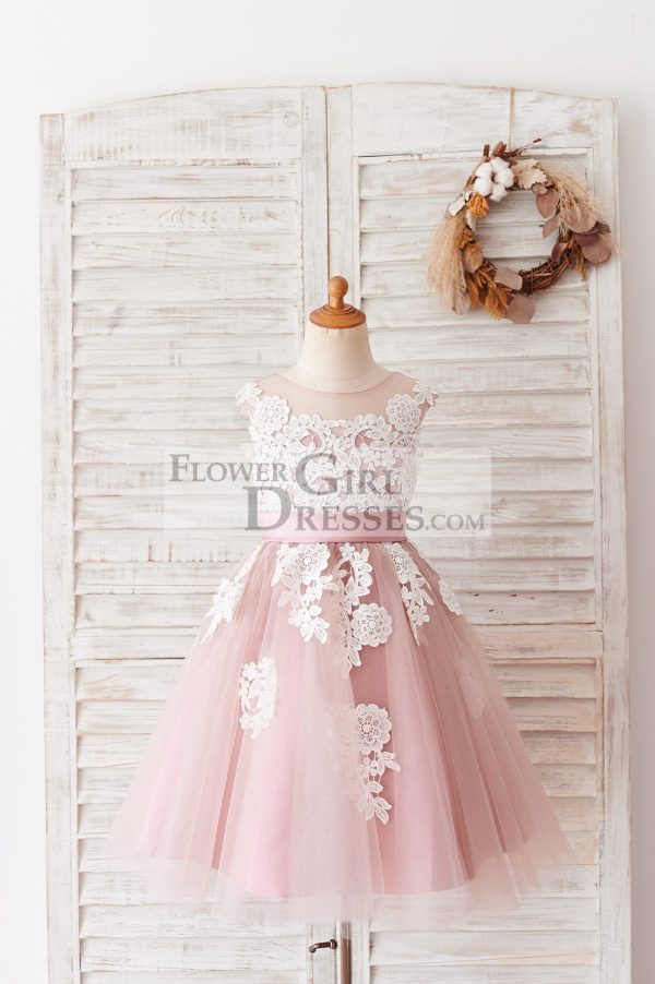 Ivory Lace Mauve/Silver Gray Tulle Wedding Flower Girl Dress