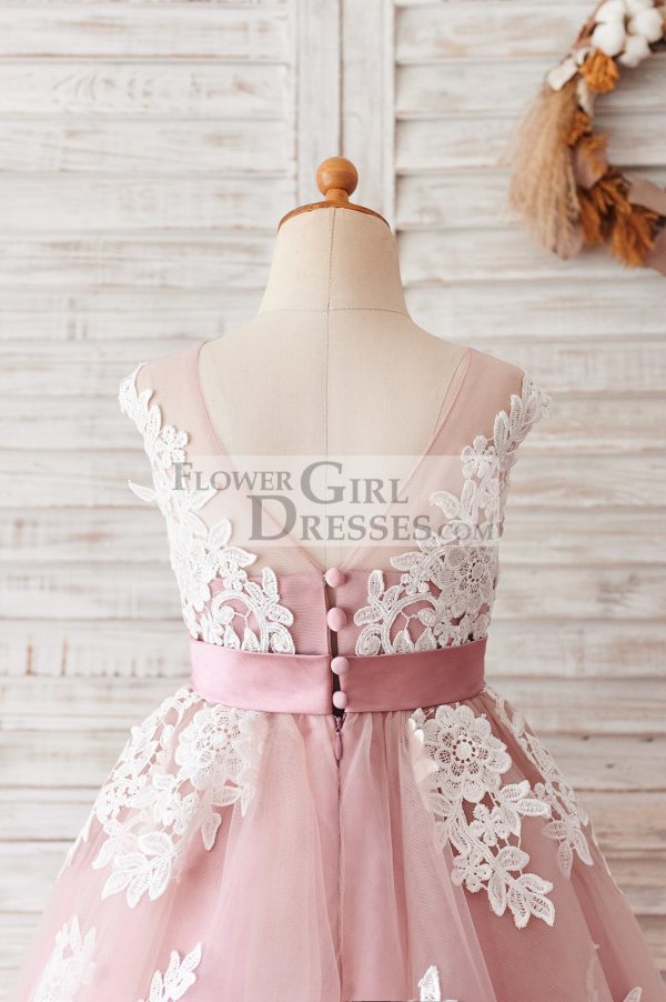 Ivory Lace Mauve/Silver Gray Tulle Wedding Flower Girl Dress - Image 4