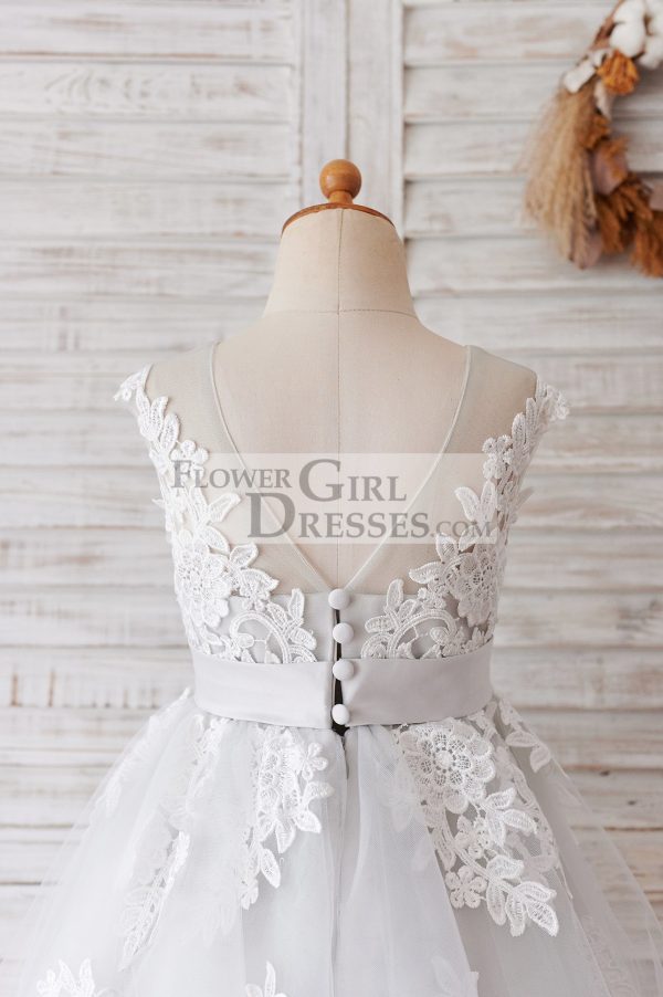 Ivory Lace Mauve/Silver Gray Tulle Wedding Flower Girl Dress - Image 8