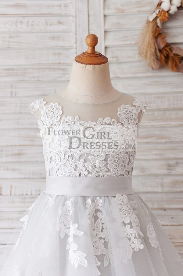 Ivory Lace Mauve/Silver Gray Tulle Wedding Flower Girl Dress - Image 7