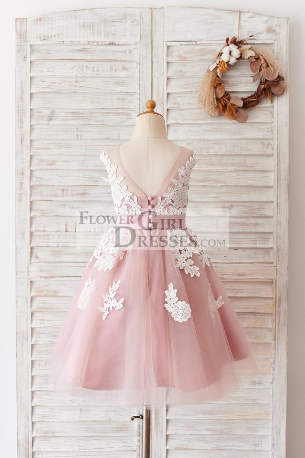 Ivory Lace Mauve/Silver Gray Tulle Wedding Flower Girl Dress - Image 2